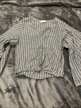 Striped V-Neck Tie-Front Women's Blouse - Gray